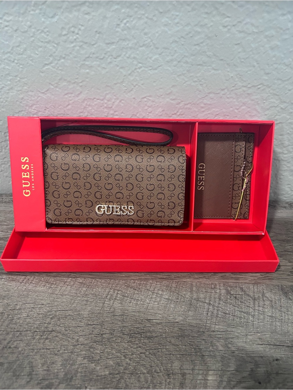 GUESS Brown Logo Print Wristlet and Cardholder Set